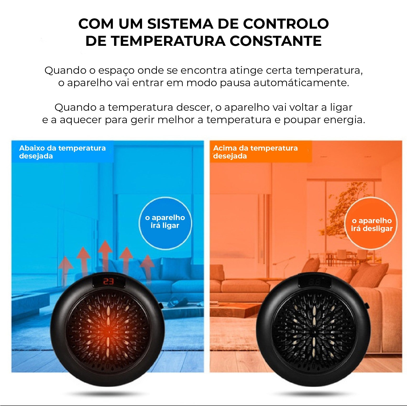 Aquecedor Cerâmico Elétrico com comando 900W-  Preto - OnLike